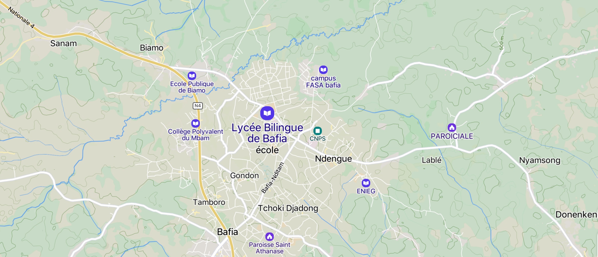 Location map of Government Bilingual High School Bafia, Centre region, Cameroon. Located in Bafia, Mbam-et-Inoubou department.